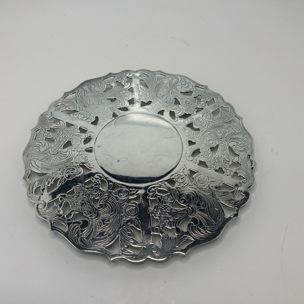Vintage Silver Plated Pierced Floral Footed Trivet Round Hot Plate Stand 6 Inch